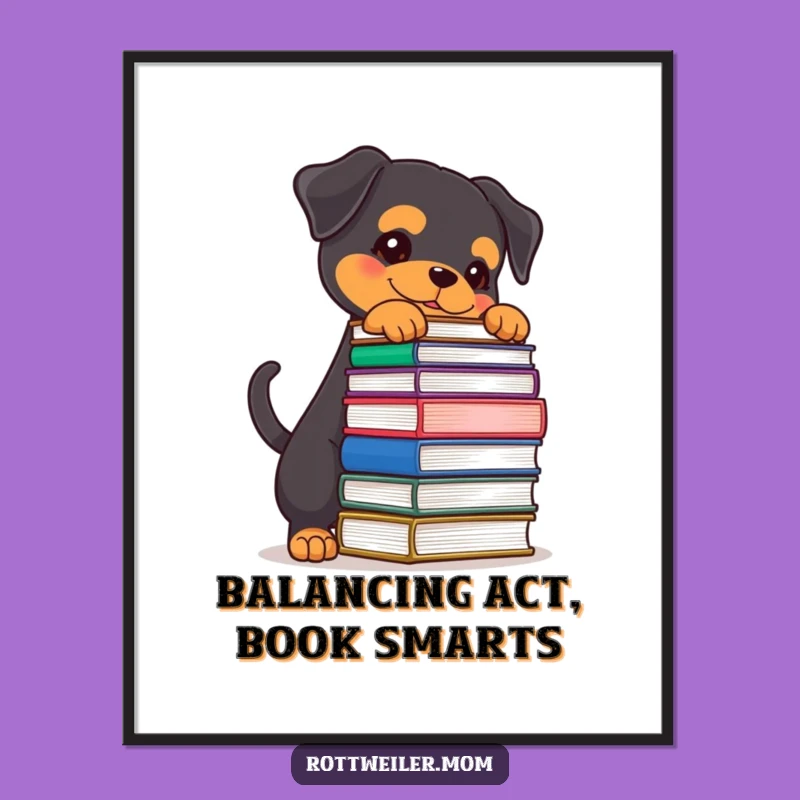Free Printable Rottweiler Wall Art: Determined Dog Balancing Books Downloadable Decor