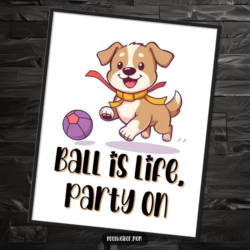 Funny Free Printable Wall Art: Dog with a bright ribbon joyfully chasing a bouncing ball, adding playful energy to any room.