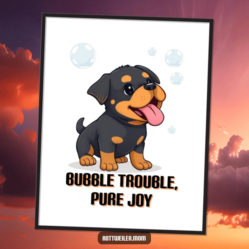 Funny Free Printable Wall Art: Kawaii Rottweiler with tongue out playfully catching floating bubbles with glee.