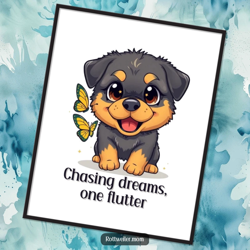 Funny Free Printable Wall Art: A fluffy Rottweiler with oversized, sparkling eyes gleefully chasing a butterfly in nature.