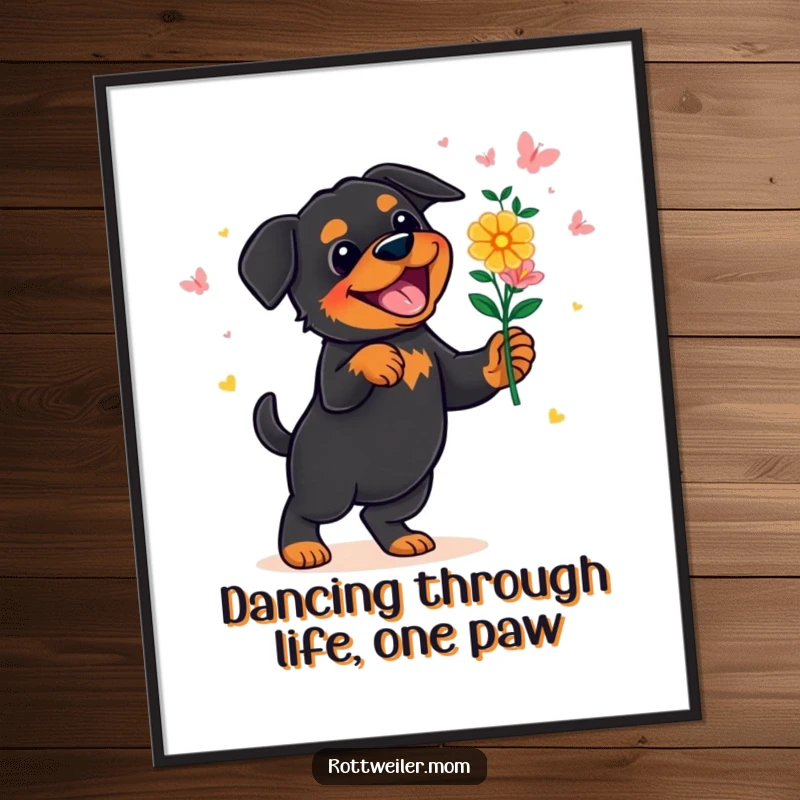 Funny Free Printable Rottweiler Wall Art: A rottweiler in a tutu performing a joyful dance with a flower bouquet.