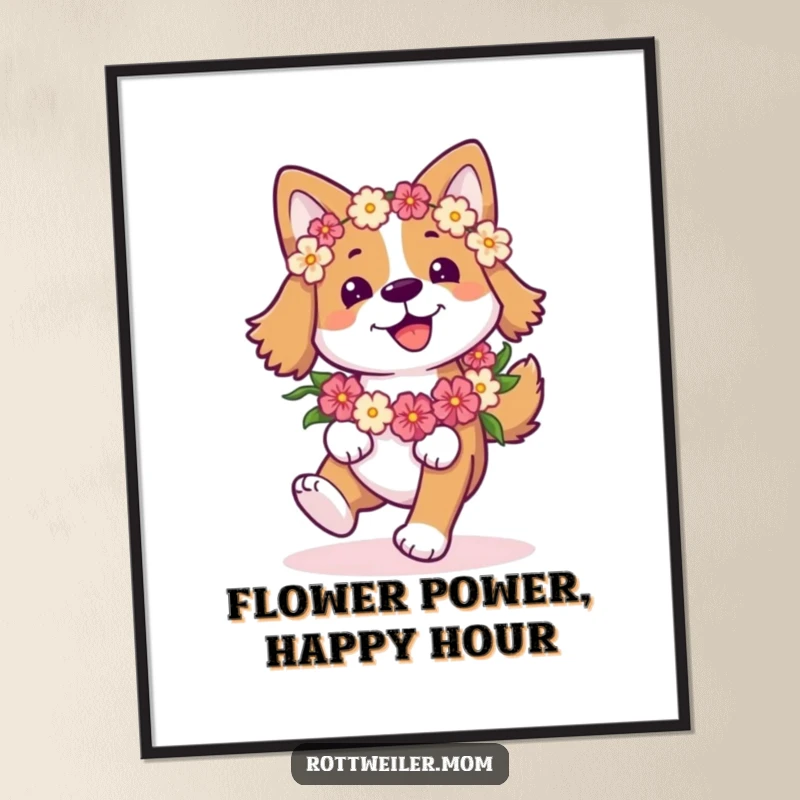 Funny Free Printable Wall Art: Dog with a flower garland joyfully prancing with a wagging tail, full of vibrant energy.