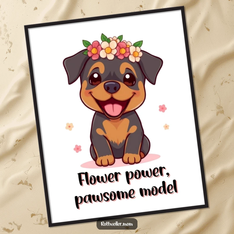 Funny free printable wall art of a rottweiler in a flower crown posing like a supermodel, adding chic humor to any room.