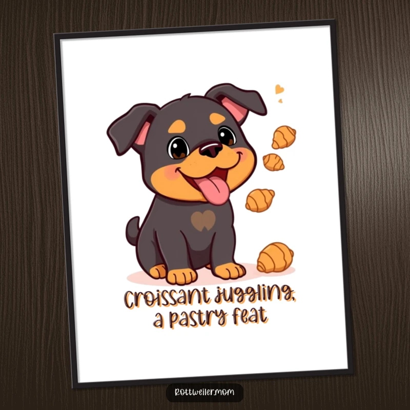 Funny Free Printable Wall Art: Kawaii Rottweiler expertly juggling tiny croissants with a joyful expression, showcasing playful talent and delicious fun.