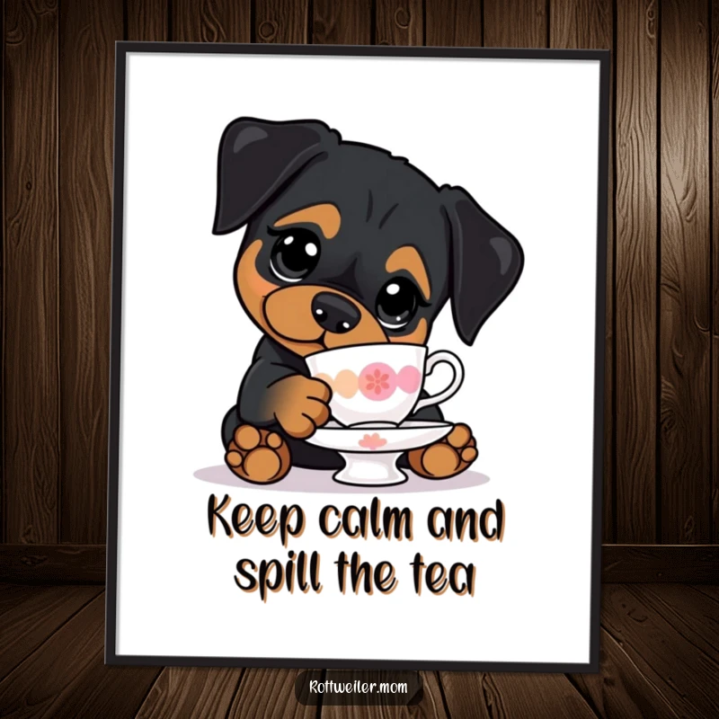 Funny Free Printable Wall Art of a kawaii Rottweiler with wide, innocent eyes, diligently trying to balance a fine china teacup.
