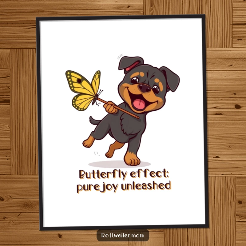 Funny Free Printable Wall Art: Rottweiler with Net, Chasing Huge Butterfly, Outdoor Action Humor