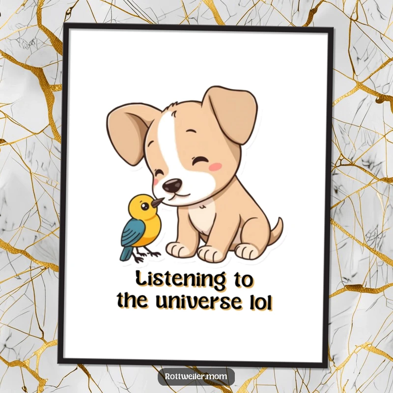 Funny Free Printable Wall Art: A young puppy with comically large ears is completely absorbed by the sound of a small bird.