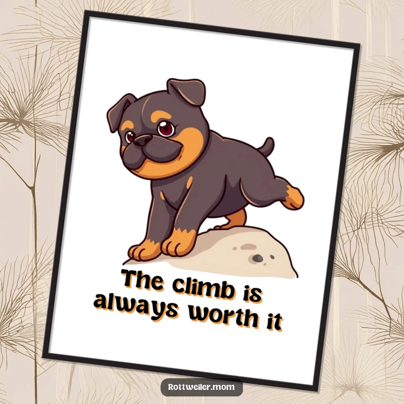 Funny free printable wall art: A determined kawaii rottweiler is shown conquering a small grassy hill.