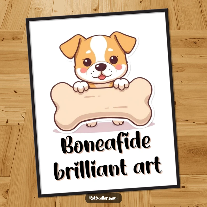 Funny free printable wall art of a dog peeking mischievously from behind a comical giant bone, a whimsical illustration.