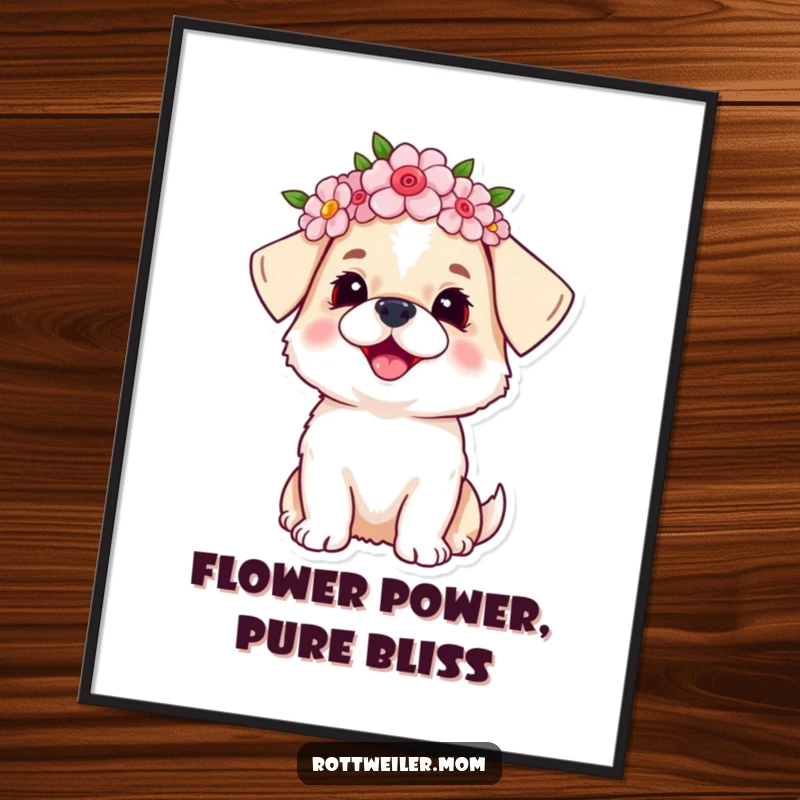 Funny Free Printable Wall Art: A small, adorable dog wearing a flower crown, looking upwards with an expression of pure delight.