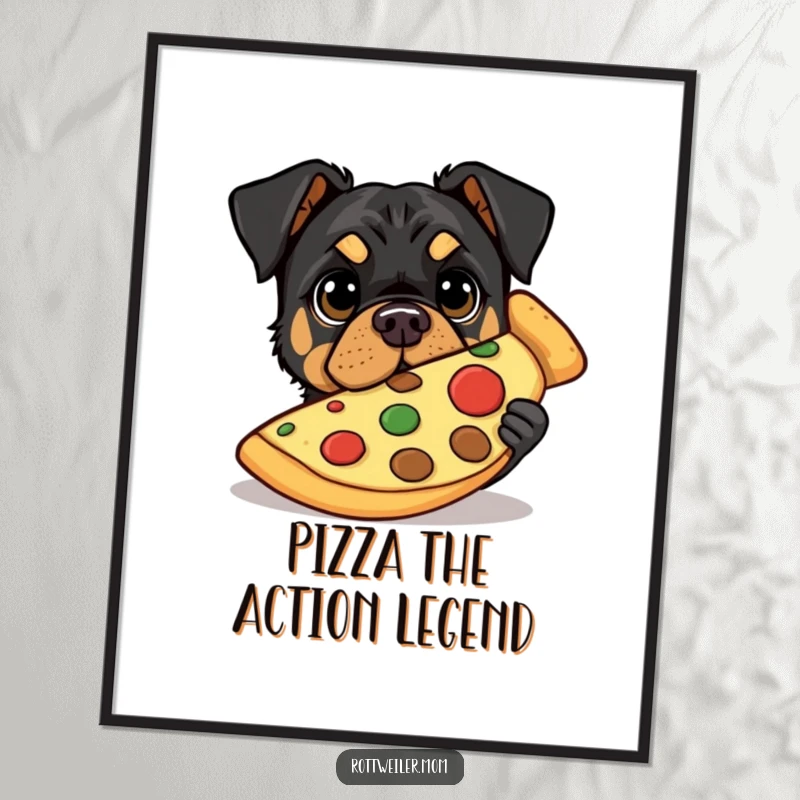 Funny Free Printable Wall Art: Rottweiler peeking out from behind a giant slice of pizza