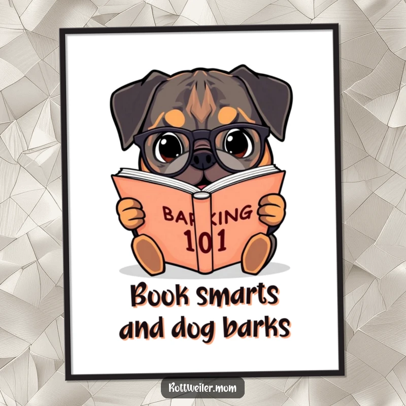 Funny Free Printable Wall Art: Intelligent Rottweiler Wearing Spectacles Reading a Giant Book