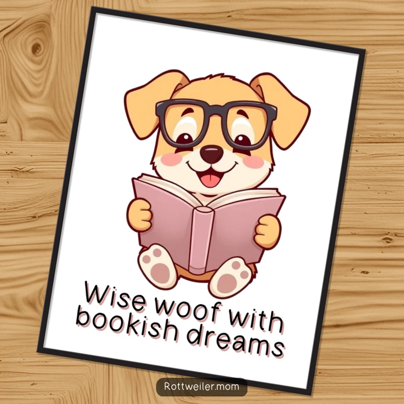Funny Free Printable Wall Art: A dog wearing reading glasses, smiling while deeply engrossed in a book, perfect for your wall.