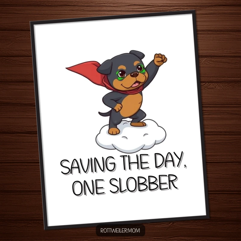 Funny Free Printable Wall Art: Rottweiler striking a dramatic superhero pose on a tiny cloud