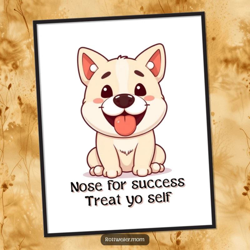 Funny Free Printable Wall Art of a stocky dog skillfully balancing a small treat on its nose with a happy pant.