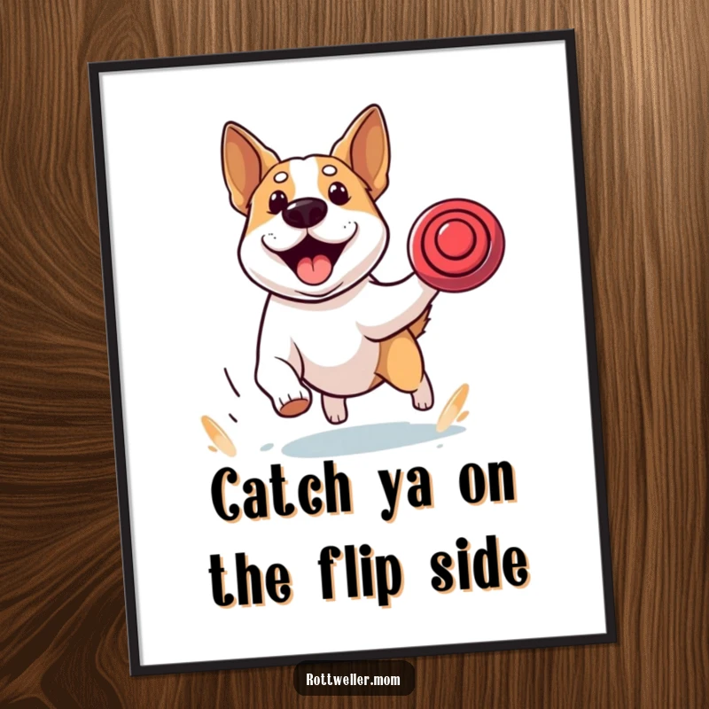 Funny Free Printable Wall Art: Stocky dog with alert ears in mid-chase, eyes locked on a frisbee, radiating pure exhilarating energy.