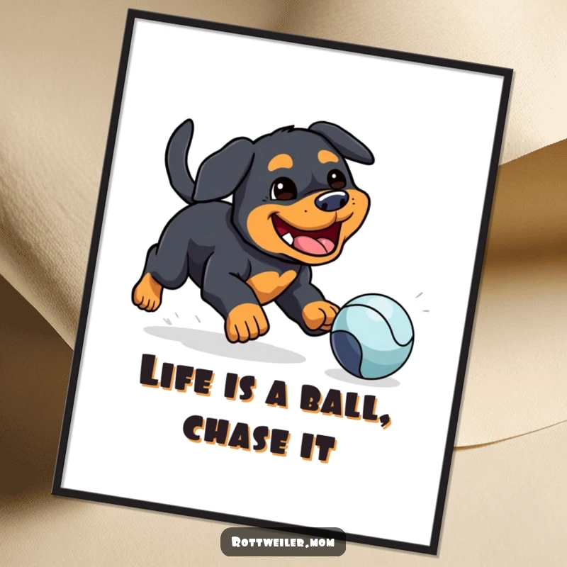Funny Free Printable Wall Art of a grinning kawaii Rottweiler joyfully chasing a bright bouncing ball, full of playful spirit.
