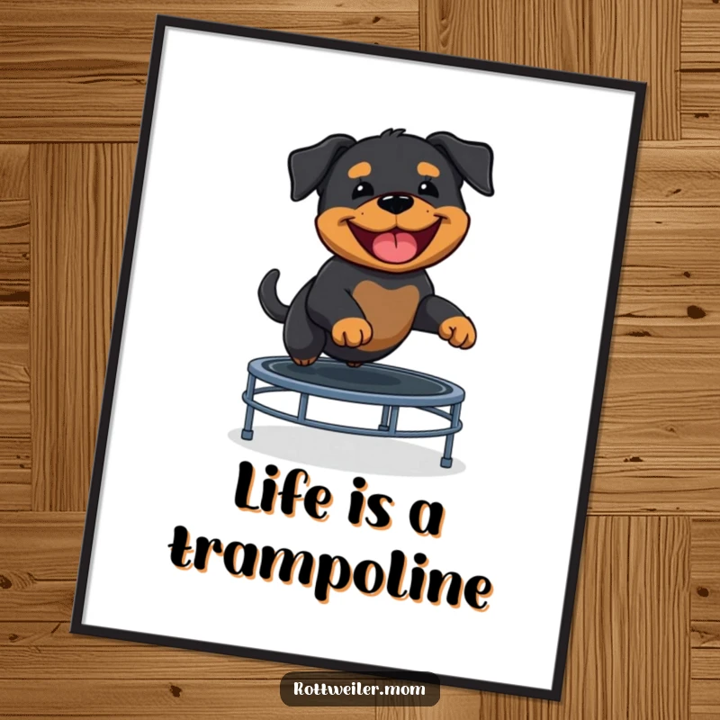 Funny Free Printable Wall Art: A grinning Rottweiler puppy enthusiastically bounces on a trampoline, capturing pure, unadulterated fun.