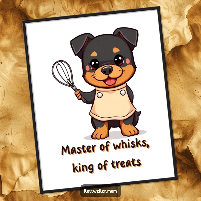 Funny Free Printable Wall Art of a kawaii Rottweiler chef wearing an apron and holding a whisk, ready to whip up something delicious.