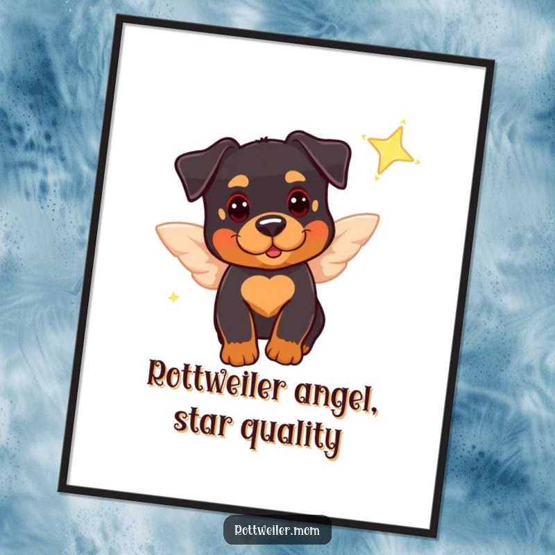 Funny Free Printable Wall Art: Cute Rottweiler with tiny wings, flitting playfully near a sparkling star, heavenly charm.