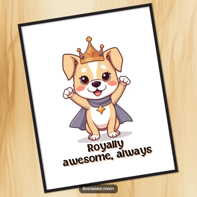 Funny Free Printable Wall Art: A dog proudly stands in a crown and cape, striking a powerful and heroic pose, ready to defend.