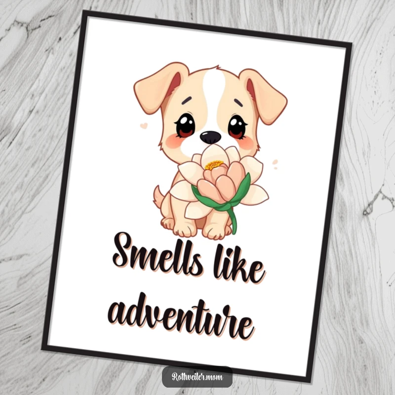 Funny Free Printable Wall Art: A dog with large, curious eyes intently sniffs a massive, colorful flower, showcasing a moment of delightful discovery.