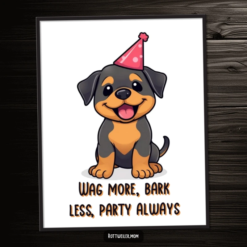 Funny Free Printable Wall Art: A kawaii Rottweiler wearing a party hat, excitedly wagging its tail with pure joy.