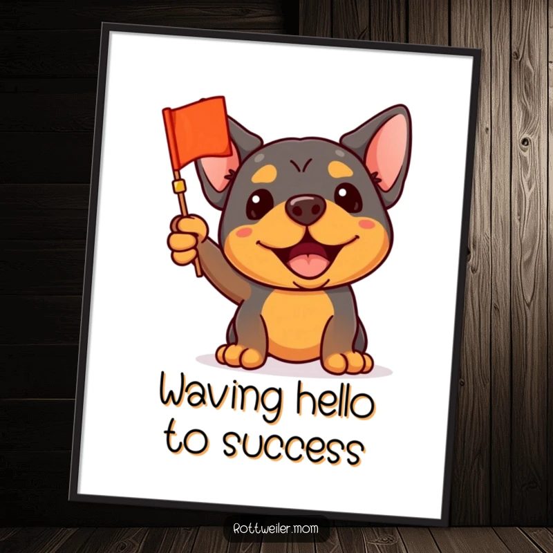 Funny Free Printable Rottweiler Wall Art: A rottweiler enthusiastically waves a tiny, colorful flag.
