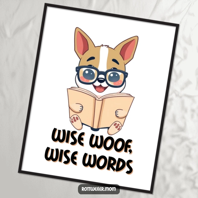 Funny Free Printable Wall Art: Dog with oversized glasses enthusiastically reading a giant book, suitable for a study or library.