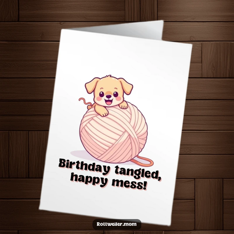 Funny Free Printable Birthday Card: A tiny puppy joyfully tripping over a comically large ball of yarn, mid-tumble.