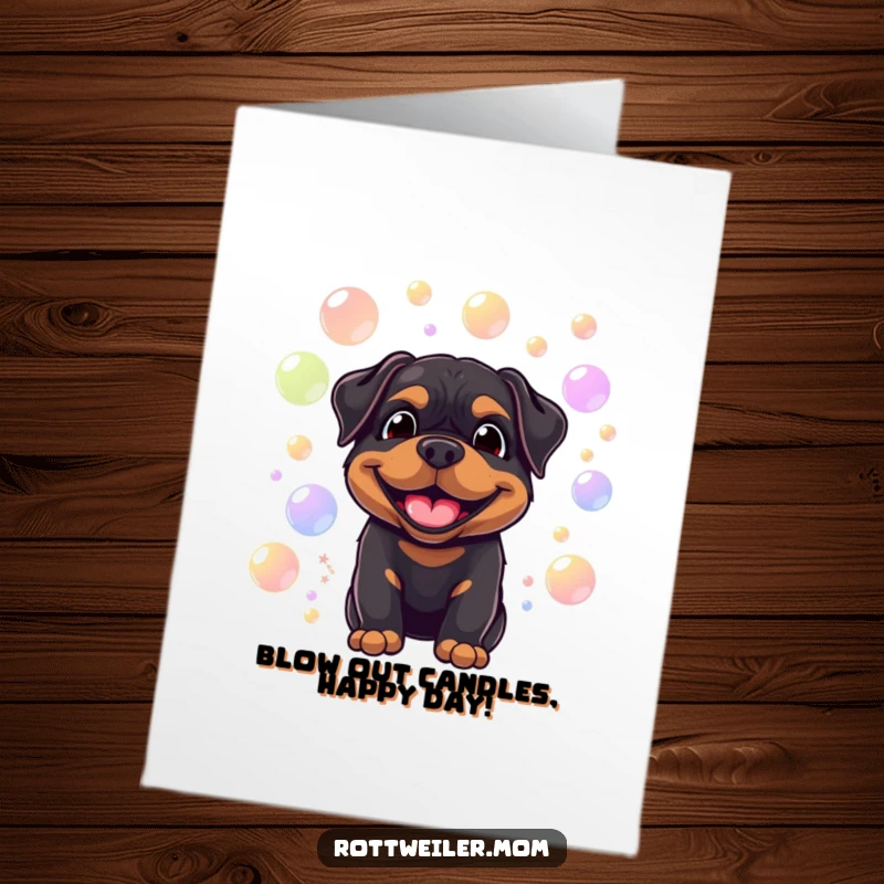 Funny Free Printable Birthday Card: Smiling Rottweiler surrounded by floating, colorful bubbles, spreading birthday cheer.