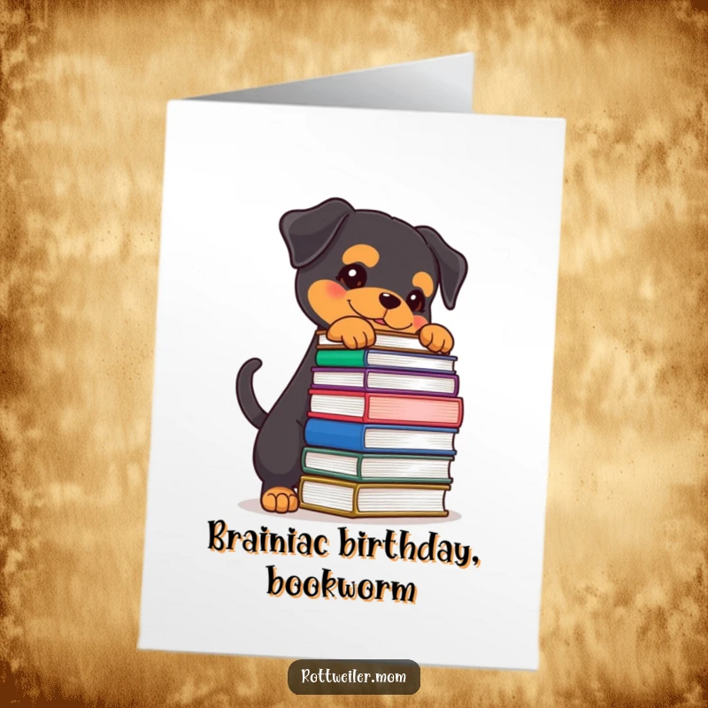 Funny Free Printable Rottweiler birthday card, determined wagging tail, balancing books, studious dog humor.