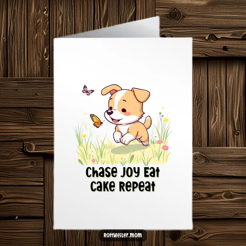 Funny Free Printable Birthday Card: Energetic dog leaps joyfully after a fluttering butterfly in a vibrant, sun-drenched meadow.