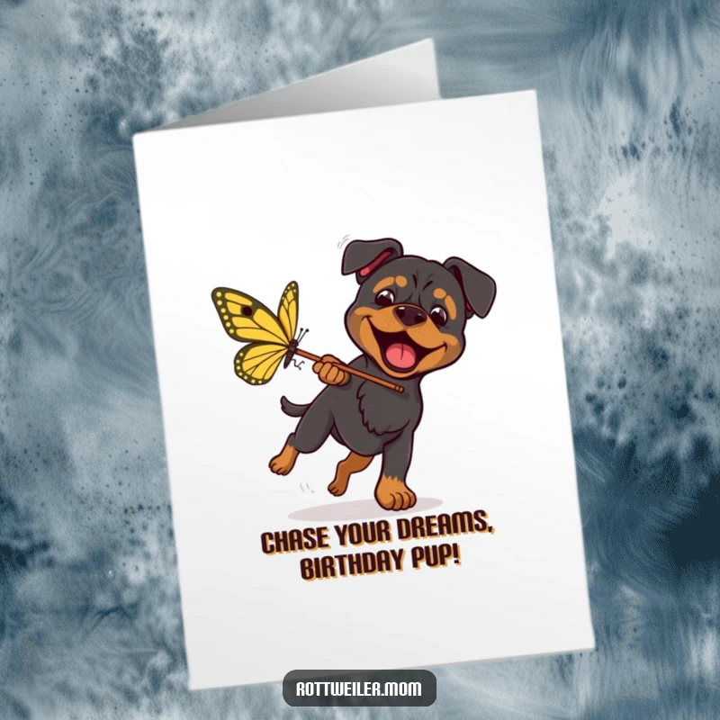 Funny Free Printable Birthday Card: Rottweiler Chasing Giant Butterfly with Net, Outdoor Action Humor