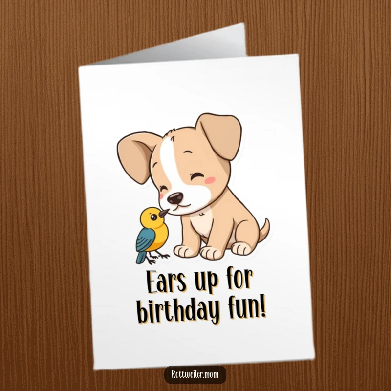 Funny Free Printable Birthday Card: A cute puppy with enormous ears is captivated by a small bird's song, pure adoration.