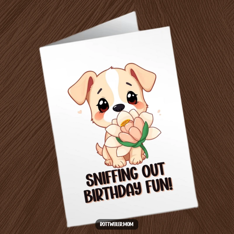 Funny Free Printable Birthday Card: Wide-eyed dog curiously sniffs an enormous, vibrant flower in a garden, exploring with delight.