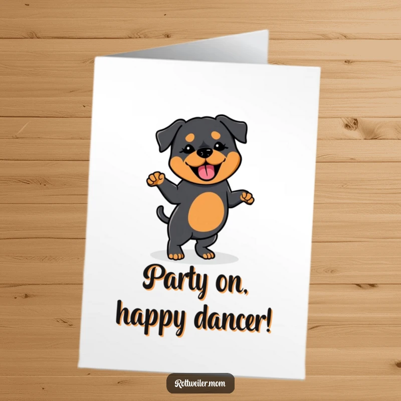 Funny Free Printable Birthday Card: Kawaii Rottweiler performing a silly dance with a furiously wagging tail, pure joy.