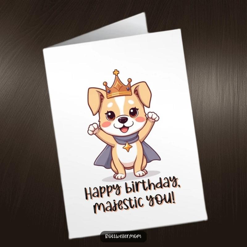 Funny Free Printable Birthday Card: A dog dons a golden crown and red cape, striking a proud, heroic pose for a birthday celebration.