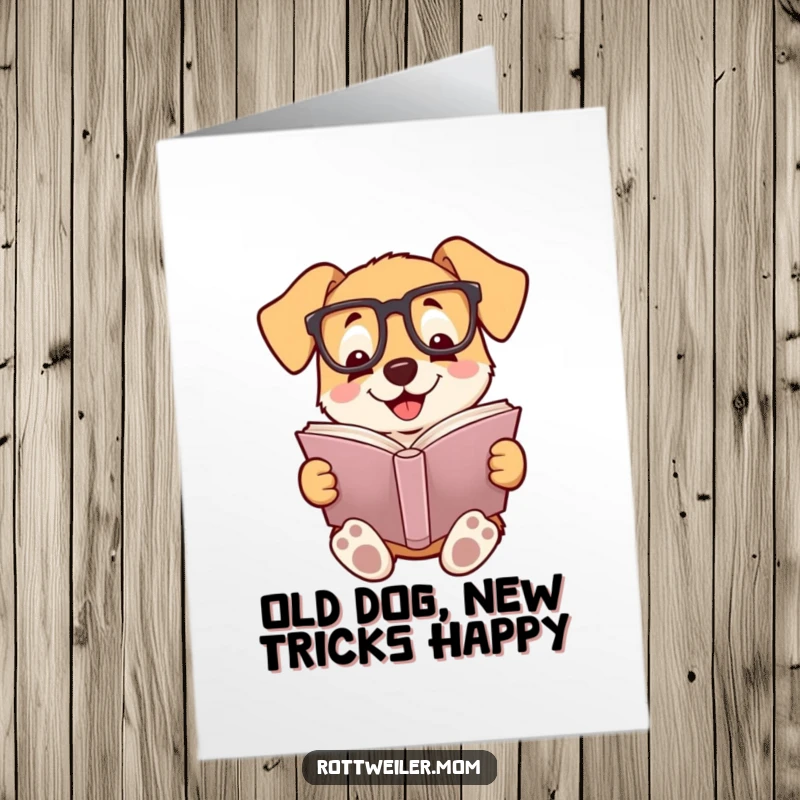 Funny Free Printable Birthday Card: A dog wearing reading glasses, smiling while engrossed in a book, ready to celebrate.