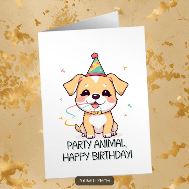 Funny Free Printable Birthday Card: A dog in a party hat joyfully blows a colorful streamer, radiating pure birthday glee and excitement.