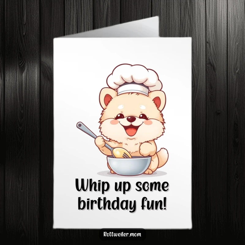 Funny Free Printable Birthday Card: Fluffy dog in chef hat joyfully whisking batter, ready to bake up laughs.