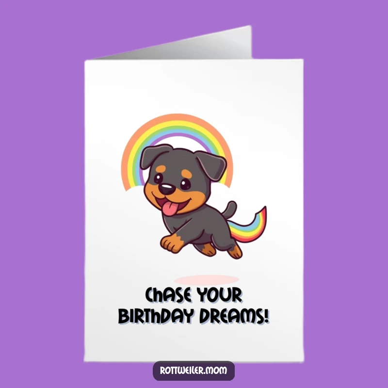 Free Printable Kawaii Rottweiler Rainbow Birthday Card: Funny Dog Chasing Gift