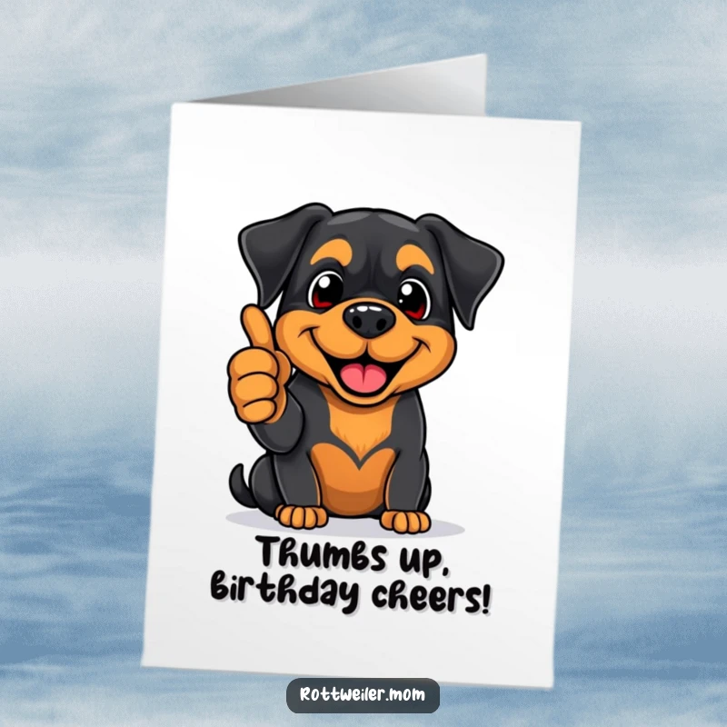 Funny Free Printable Rottweiler birthday card, enthusiastically giving thumbs-up, big smile, positive dog.