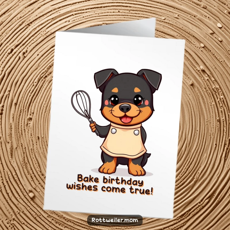 Funny Free Printable Birthday Card of a kawaii Rottweiler chef in an apron, happily holding a whisk, ready to bake.