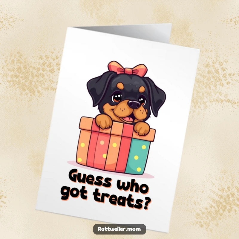 Funny free printable birthday card: a rottweiler excitedly peeks from behind a giant gift box, ready for celebration.