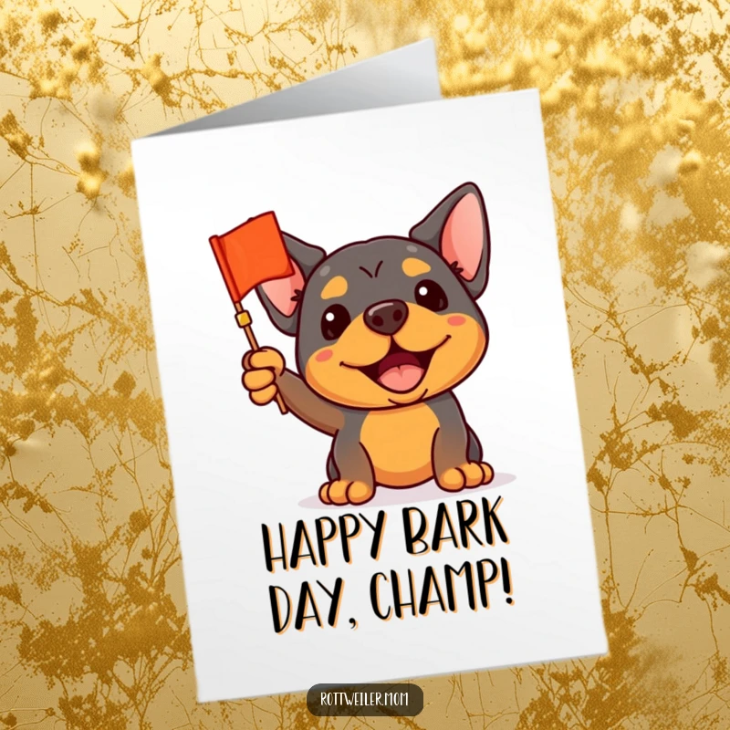Funny Free Printable Rottweiler Birthday Card: A rottweiler enthusiastically waves a small, celebratory flag.
