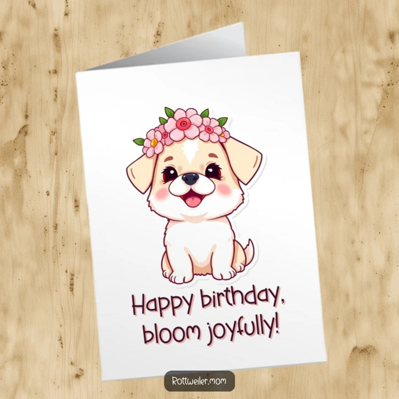 Funny Free Printable Birthday Card: A small dog adorned with a colorful flower crown, looking up with pure, innocent joy.