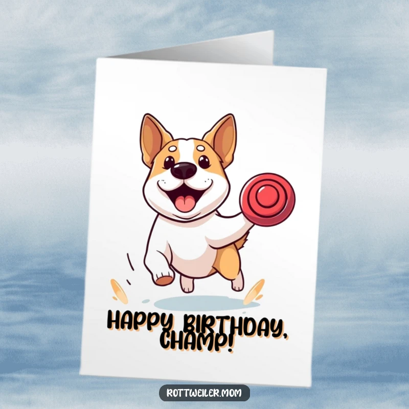 Funny Free Printable Birthday Card: Stocky dog with alert ears intensely chases a frisbee with exhilarating energy, celebrating a special day.