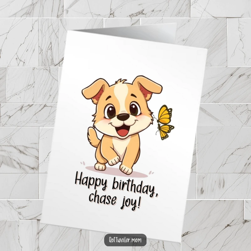 Funny free printable birthday card showing a happy dog with wide, excited eyes playfully chasing a butterfly in a meadow.