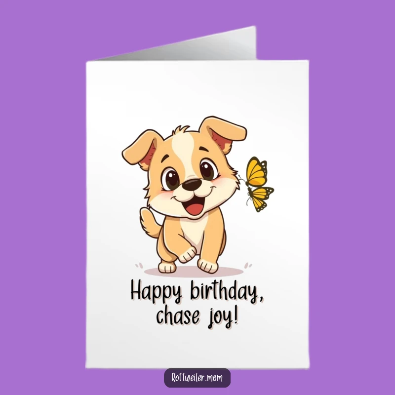 Free Printable Birthday Card: Joyful Dog Chasing Butterfly, Fun Downloadable Gift for Pet Lovers